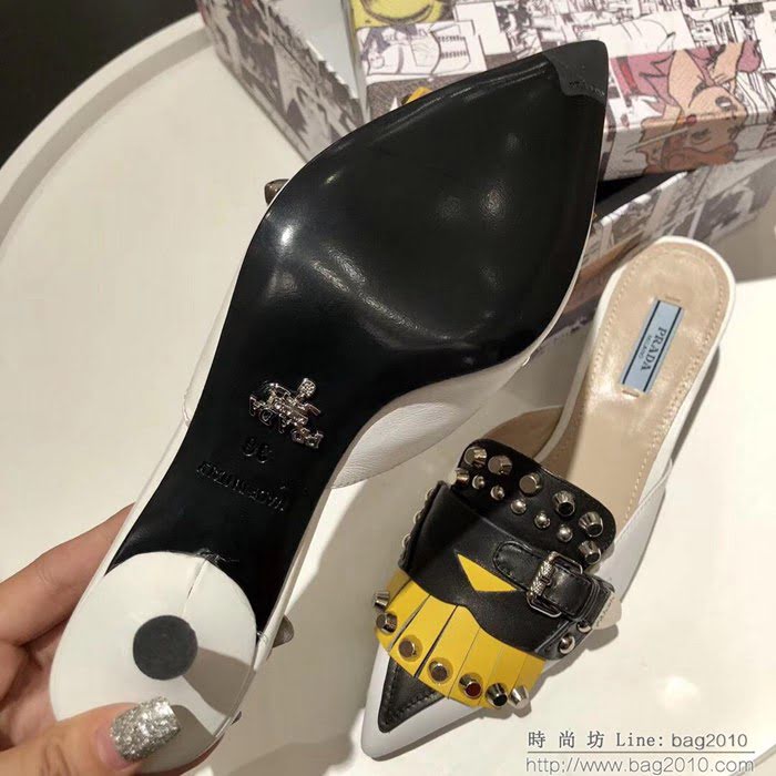 PRADA普拉達 2019春夏 最新走秀款 鉚釘裝飾 流蘇搭配拼色 牛皮 女高跟鞋  ljl1386